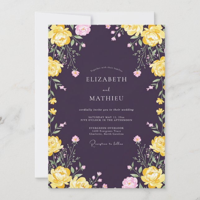 Plum Yellow Bloom Wedding Invitation (Front)