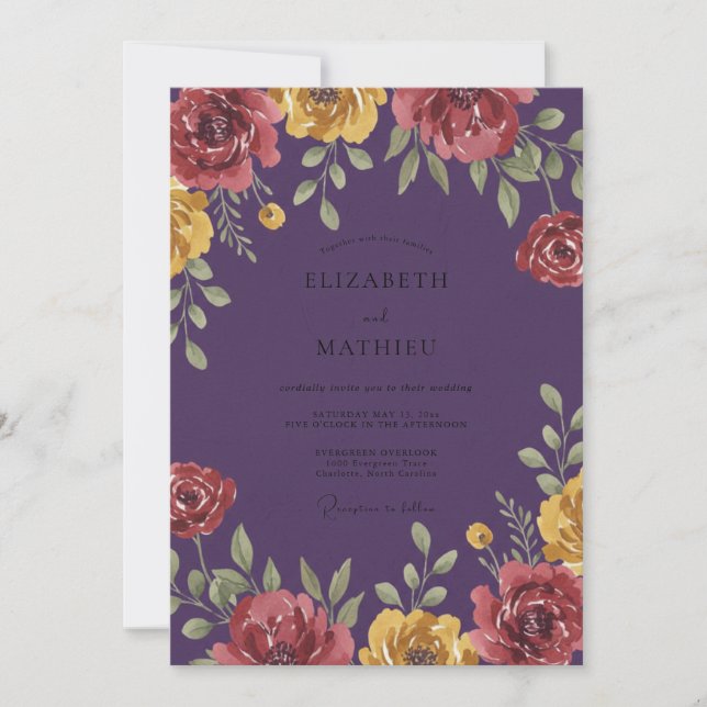 Plum Yellow Blossom Wedding Invitation (Front)