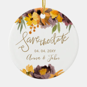 Plum Yellow Floral Gold Calligraphy Save The Date Ceramic Tree Decoration