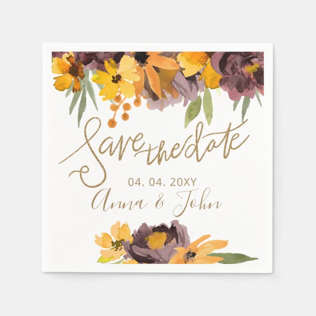 Plum Yellow Floral Gold Calligraphy Save The Date Napkin (Front)
