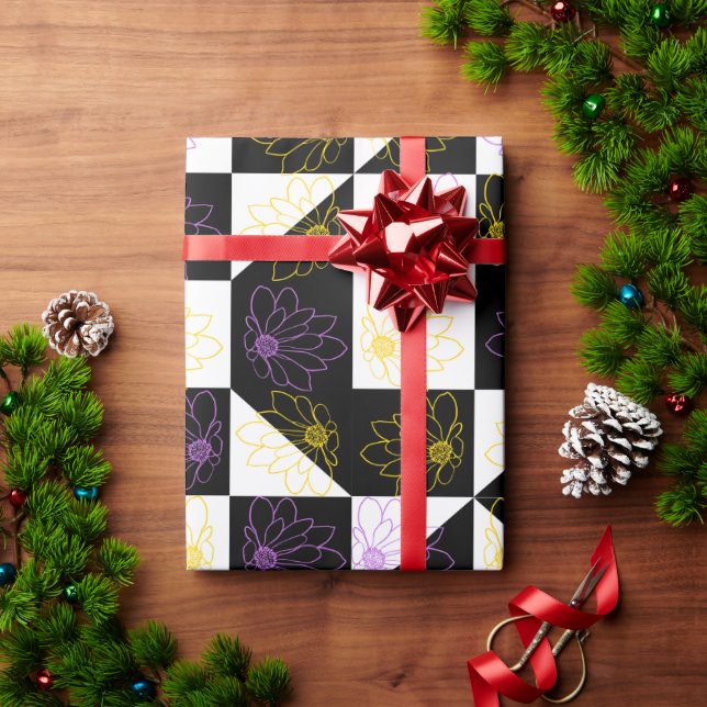Plum & Yellow Flower | Black & White Chequerboard Wrapping Paper (Holiday Gift)