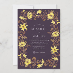 Plum Yellow Lily Wedding Invitation