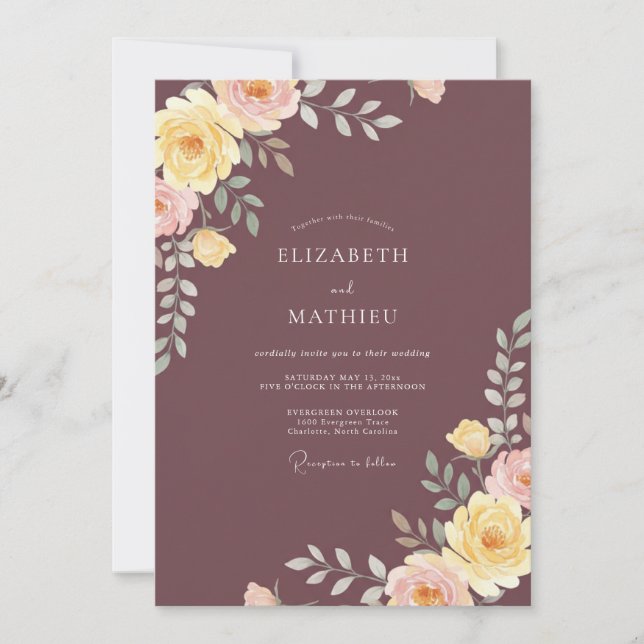 Plum Yellow Ranunculus Eucalyptus Wedding Invitation (Front)
