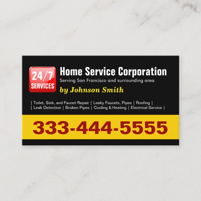 Plumber - 24 Hours Home Service Corporation Business Card (Front)