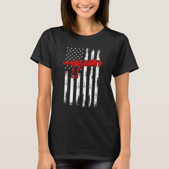 Plumber American Flag 4th July Patriotic Plumbing  T-Shirt (Front)