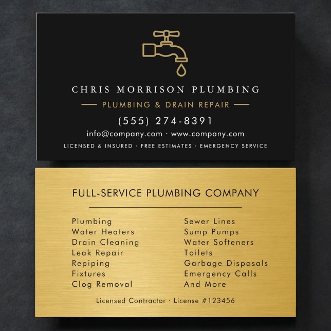 Plumber Black & Gold Metallic Minimalist Business Card (Creator Uploaded)