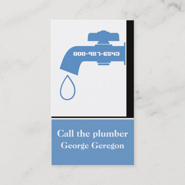 Plumber blue, white tap eye-catching plumbing business card (Front)