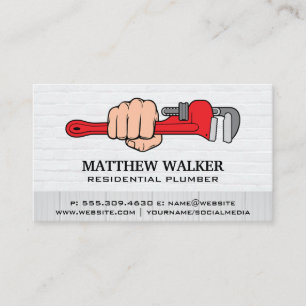 Plumber Holding Wrench   Blue Collar   Contractor Business Card