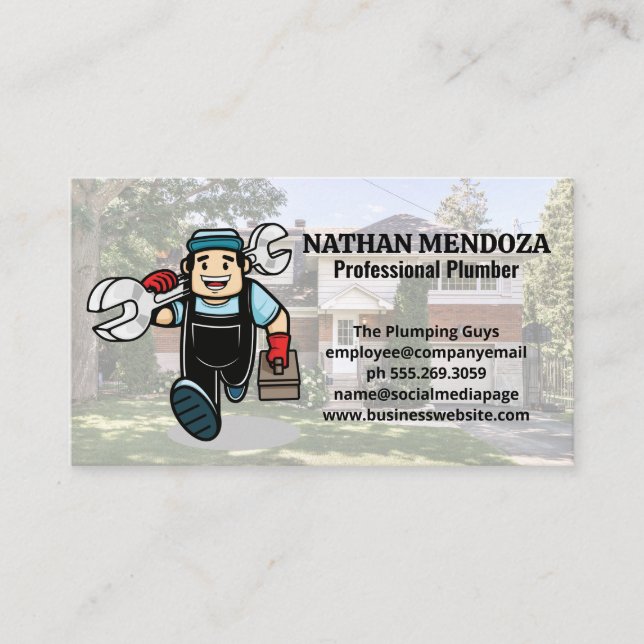 Plumber Holding Wrench | Residential Contractor Business Card (Front)