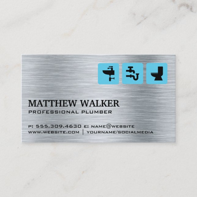 Plumber Icons | Metal Steel Brushed Business Card (Front)