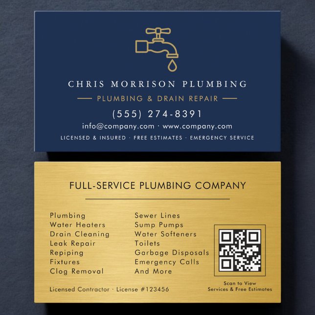 Plumber Navy Blue & Gold Metallic QR Code Business Card (Creator Uploaded)