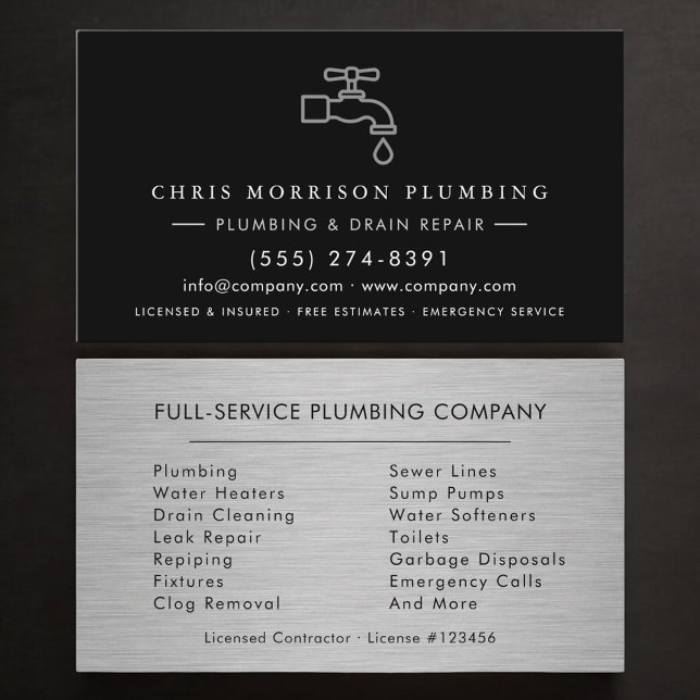 Plumber Plumbing Company Silver Metallic Business Card (Creator Uploaded)