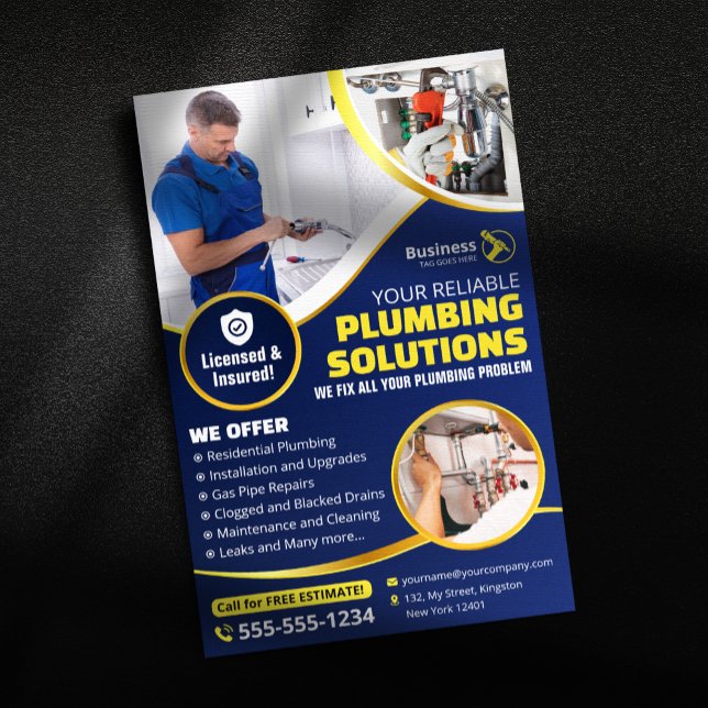 Plumber Plumbing Technician Contractor Blue Gold Flyer (Creator Uploaded)