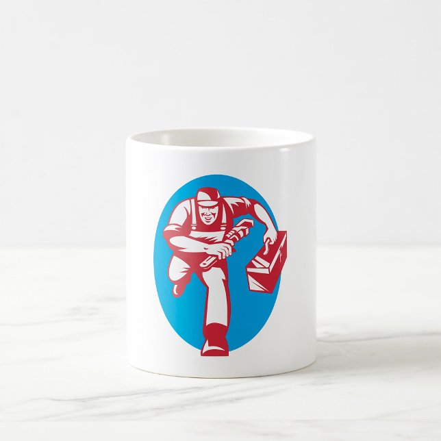Plumber Running with Wrench and Toolbox Coffee Mug (Creator Uploaded)