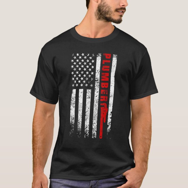 Plumber USA Flag Pipe Wrench Tradesman plumbing Pi T-Shirt (Front)