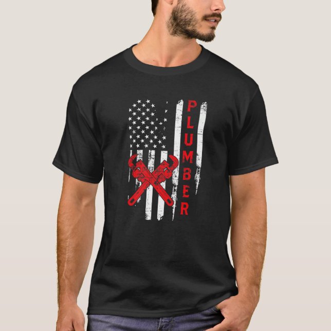 Plumber USA Flag Pipe Wrench Tradesman plumbing Pi T-Shirt (Front)