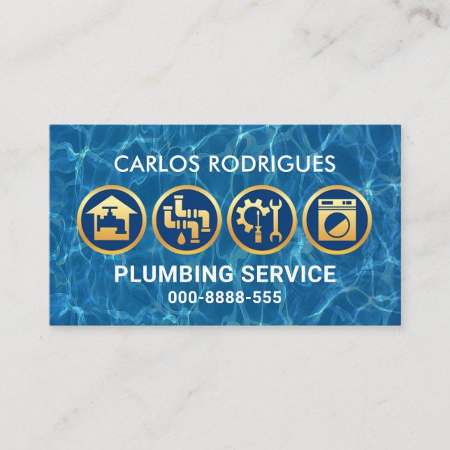 Plumber's Majestic Gold Plumbing Icons Business Card (Front)