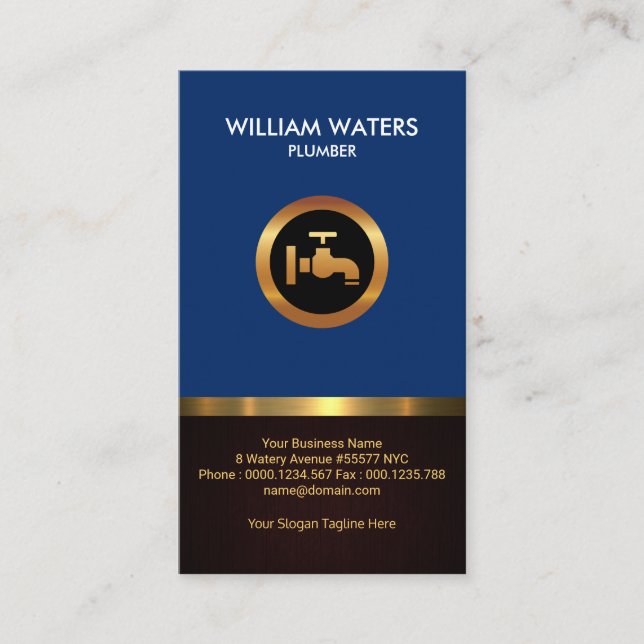 Plumber's Striking Gold Icon Retro Blue Wood Grain Business Card (Front)
