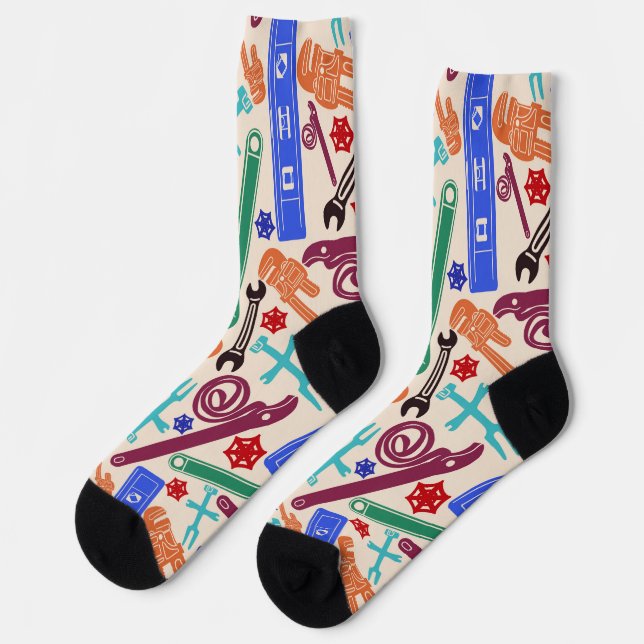 Plumbers Tools, Retro Multicolor Plumbing Pattern Socks (Left)