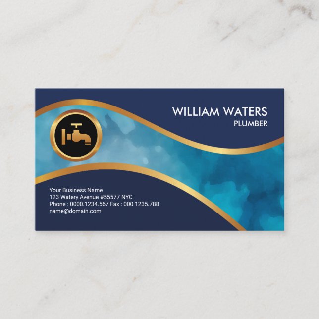 Plumber's Water Wave Channel Faux Gold Icon Business Card (Front)