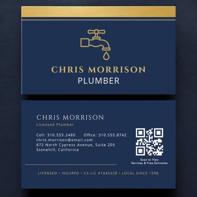 Plumbing Company QR Code Navy Blue Gold Business Card (Creator Uploaded)