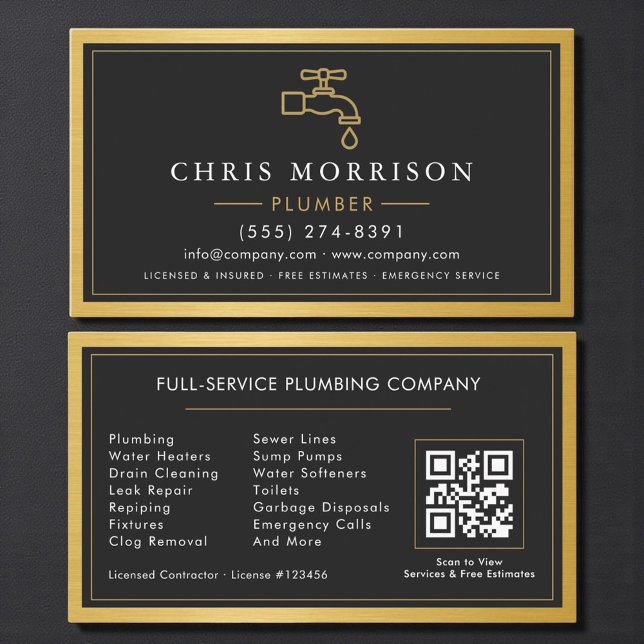 Plumbing Contractor Modern Metallic QR Code Business Card (Creator Uploaded)