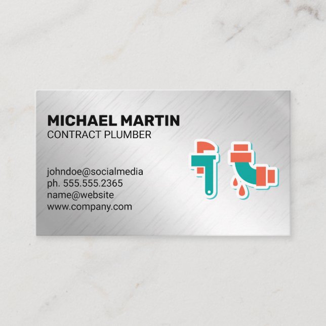 Plumbing Icons | Aluminium Metal Background Business Card (Front)
