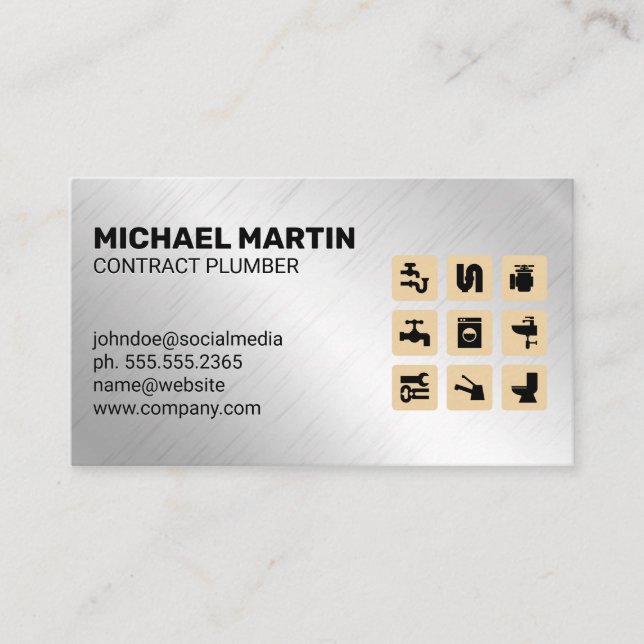 Plumbing Icons | Aluminium Metallic Background Business Card (Front)