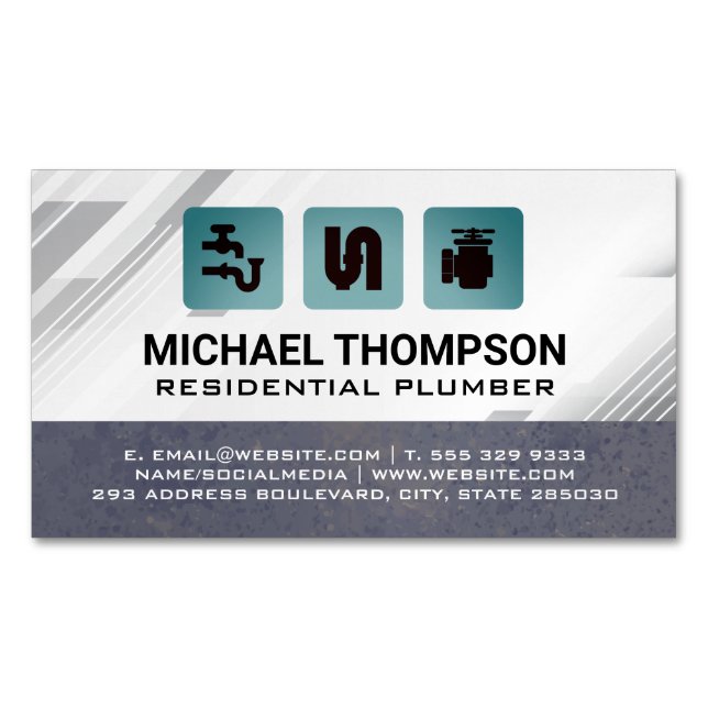 Plumbing Pipes Icons | Blue Collar Magnetic Business Card (Front)