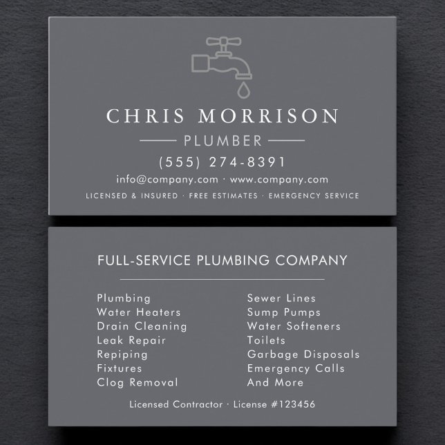 Plumbing Plumber Gray Silver Minimalist Business Card (Creator Uploaded)