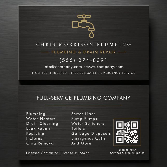 Plumbing QR Code Metallic Black & Gold  Business Card (Creator Uploaded)