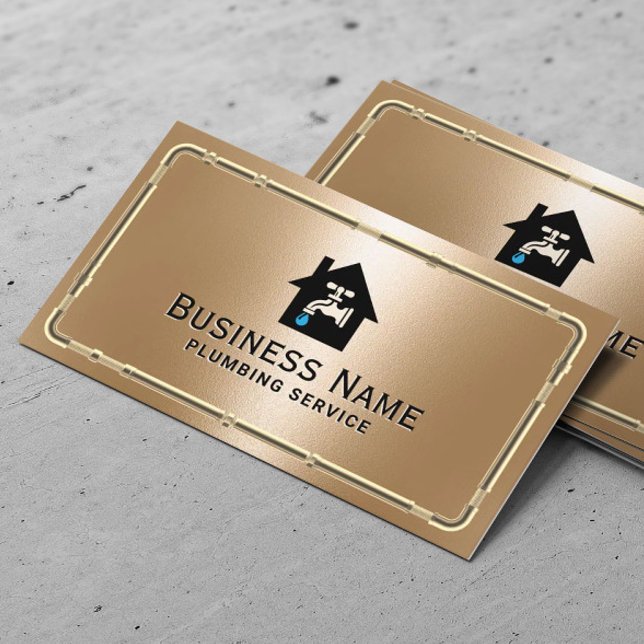 Plumbing Service Faucet Logo Gold Plumber Business Card (Creator Uploaded)