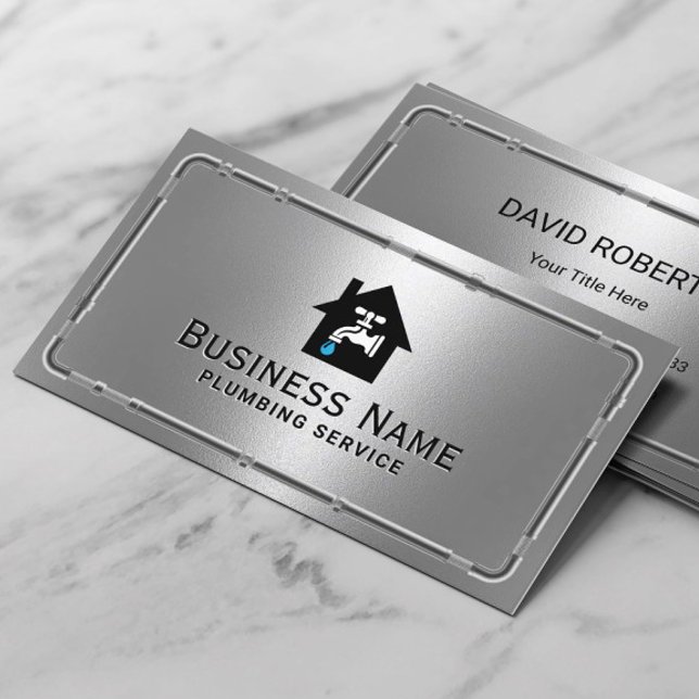 Plumbing Service Faucet Logo Metal Plumber Business Card (Creator Uploaded)