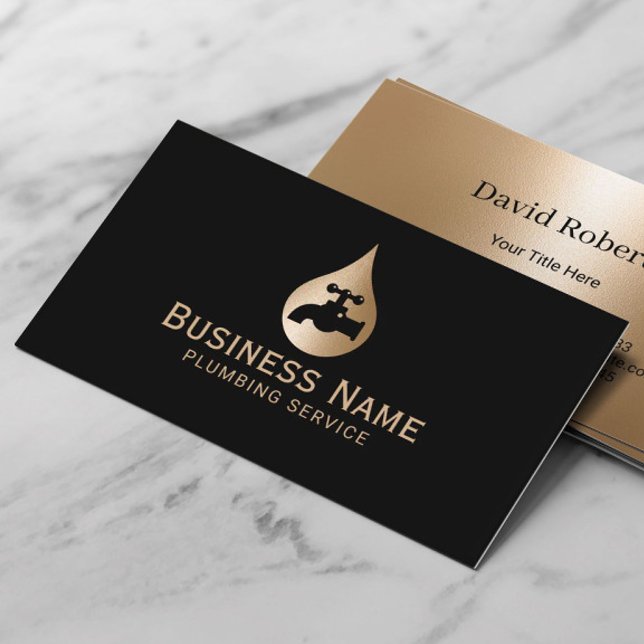 Plumbing Service Gold Water Drop Logo Plumber Business Card (Creator Uploaded)