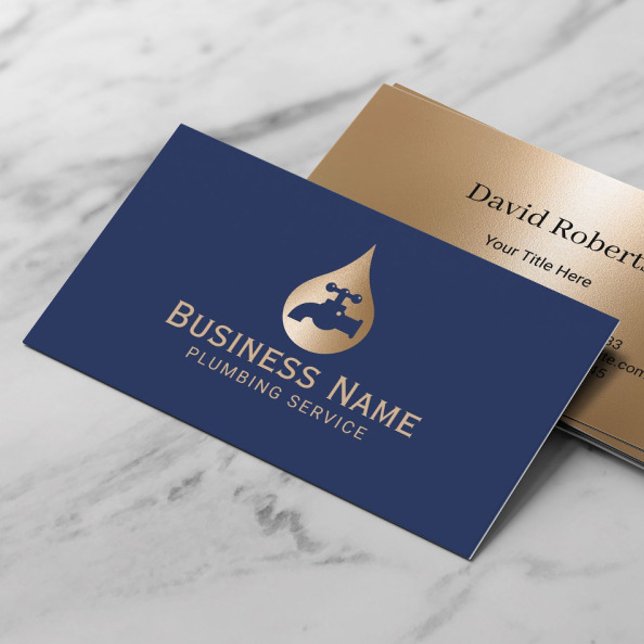 Plumbing Service Gold Water Drop Plumber Navy Blue Business Card (Creator Uploaded)