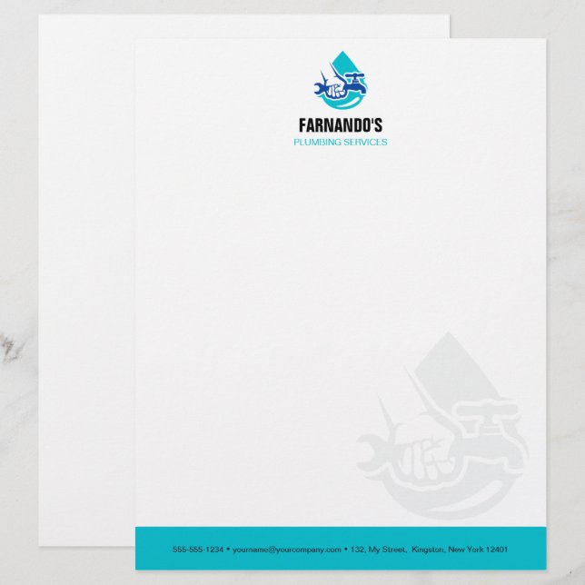 Plumbing Service Water Drop Logo Plumber Business Custom Letterhead (Front/Back)