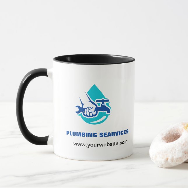 Plumbing Service Water Drop Logo Plumber Business Mug (With Donut)