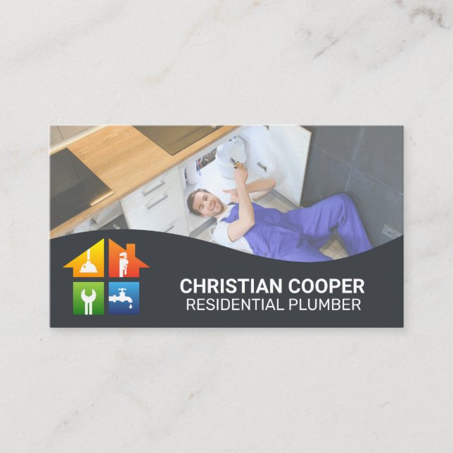 Plumbing Services Icons | Plumber Working Business Card (Front)