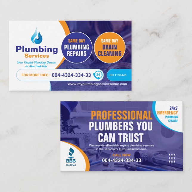 Plumbing services, Plumber, Plumbing and gas, Logo Business Card (Front/Back)