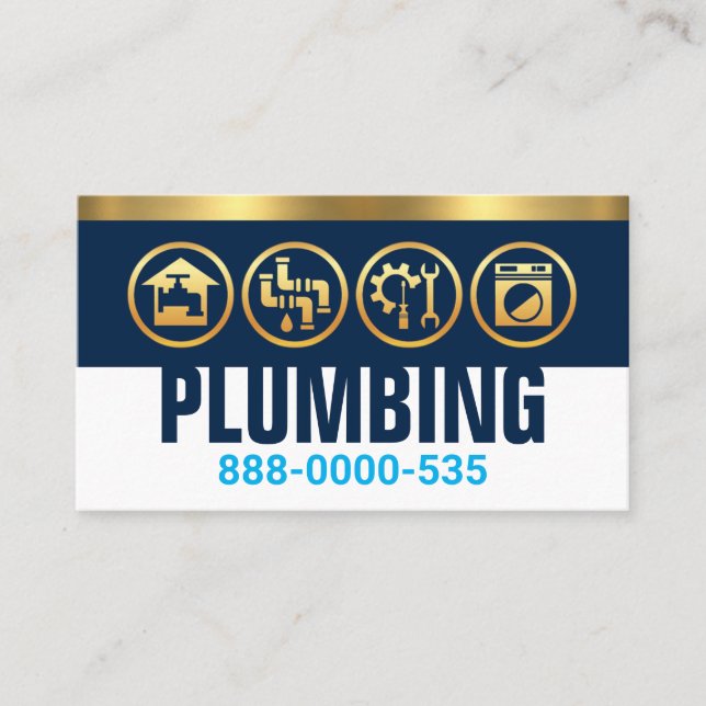 Plumbing Silhouette On Blue Layer Gold Stripe Business Card (Front)