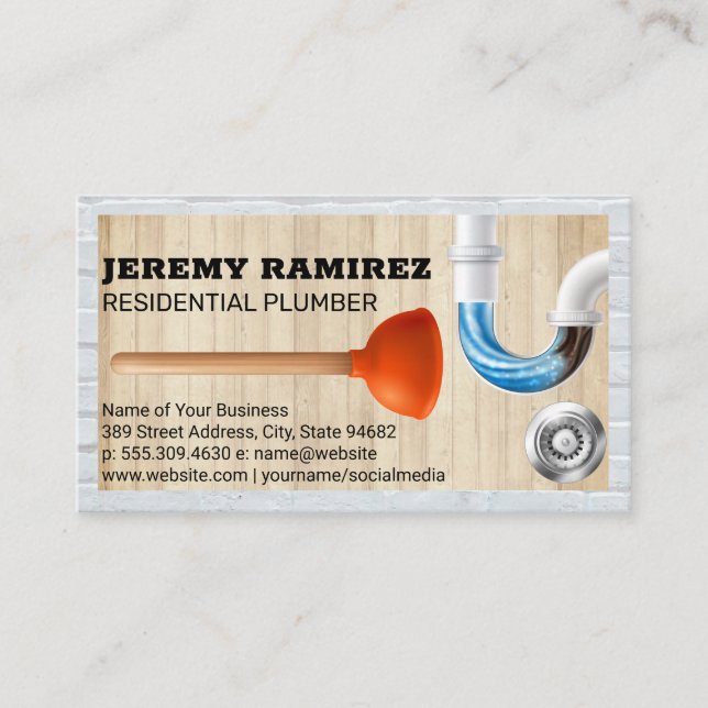Plumbing | Wood and Brick Wall Business Card (Front)