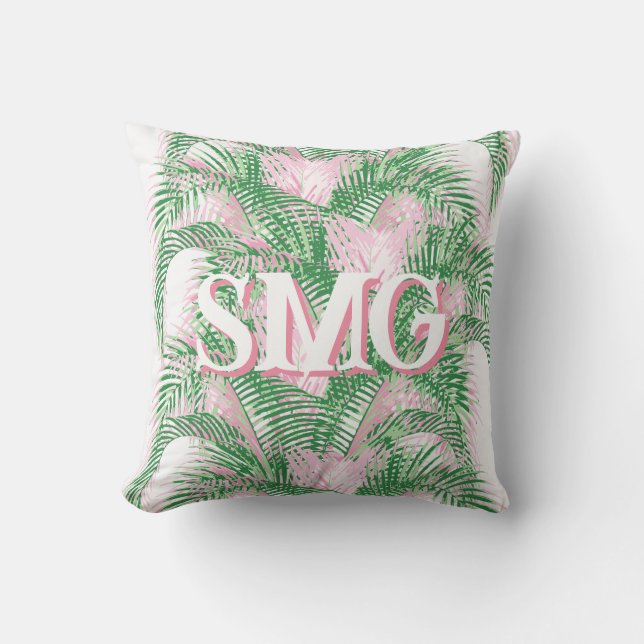Plume Palm Fronds in Pink + Green Personalised Cushion (Front)