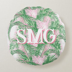 Plume Palm Fronds in Pink + Green Personalized Round Cushion