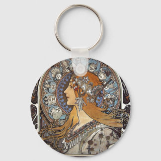 Plume Zodiac Woman by Alphonse Mucha – Art Nouveau Key Ring