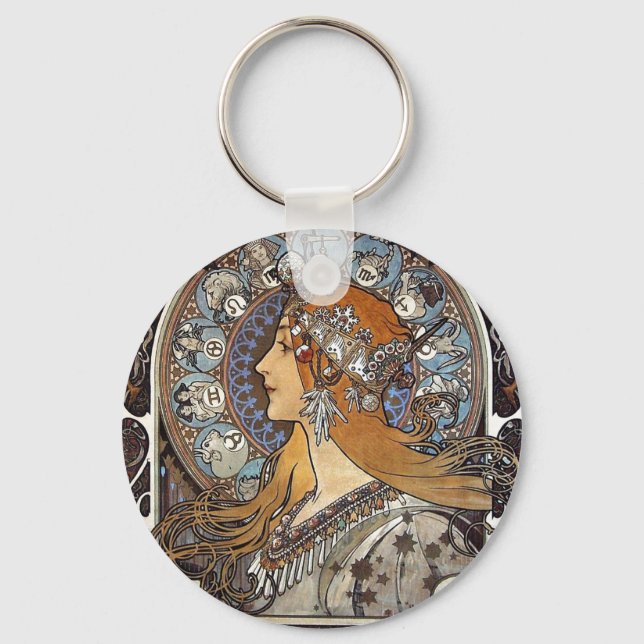 Plume Zodiac Woman by Alphonse Mucha – Art Nouveau Key Ring (Front)