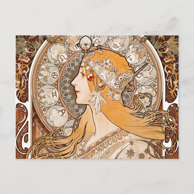 Plume Zodiac Woman by Alphonse Mucha – Art Nouveau Postcard (Front)