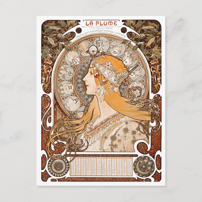 Plume Zodiac Woman by Alphonse Mucha – Art Nouveau Postcard (Front)