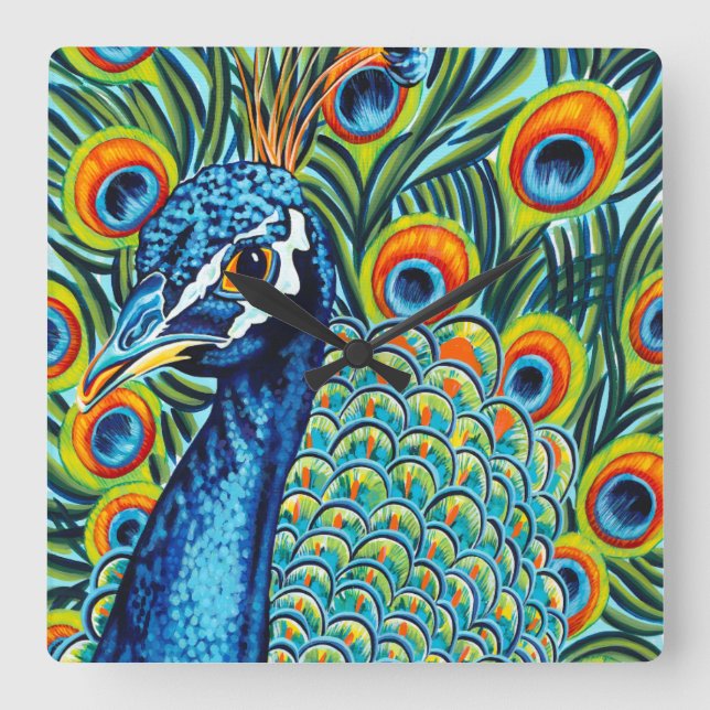 Plumed Peacock I Square Wall Clock (Front)