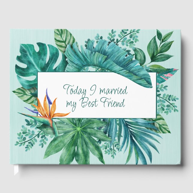 Plumeria and Tropical Green Leaves Wedding Guest Book (Front)