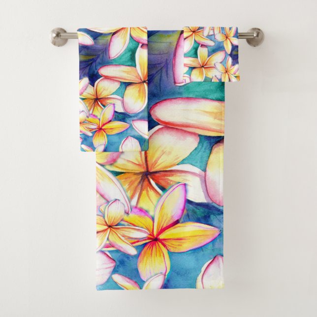 Plumeria Blossoms with Blue Hawaii Bath Towel Set (Insitu)